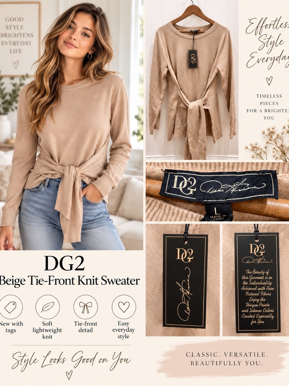 DC Beige Tie-Front Crewneck Sweater